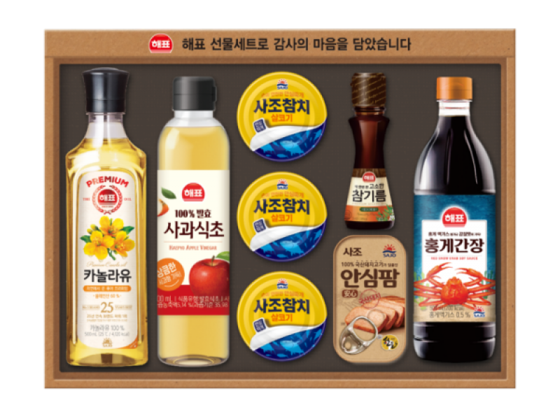 [사조] 안심특선 V25호 (카놀라유 500ml*1개 + 사과식초 500ml*1개 + 홍게간장 500ml*1개 + 참기름 55ml*1개 + 살코기 참치 85g*3개 + 안심팜 115g*1개)